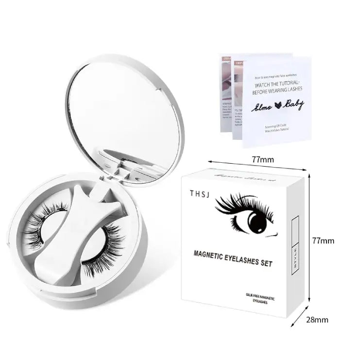 Magnetic eyelashes set with mirror case, instructions, and retail box measuring 77mm x 28mm.