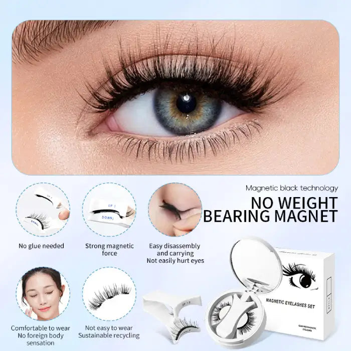 Magnetic eyelashes with strong magnets and no glue needed, offering comfortable wear and easy removal.