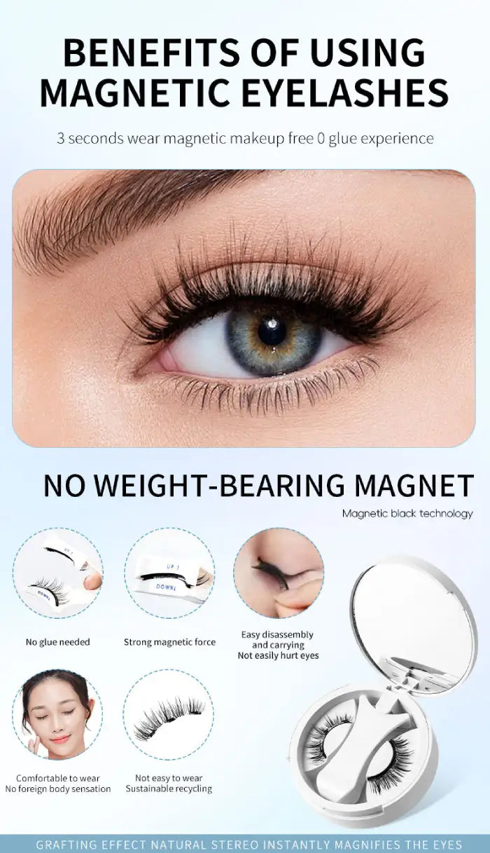 Magnetic eyelashes benefits including fast wear, comfort, strong hold, and glue-free magnetic design.