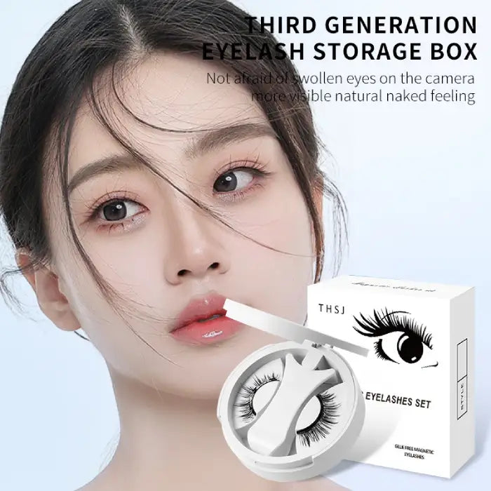 Magnetic eyelashes set with third-generation storage box and natural makeup finish for camera use.