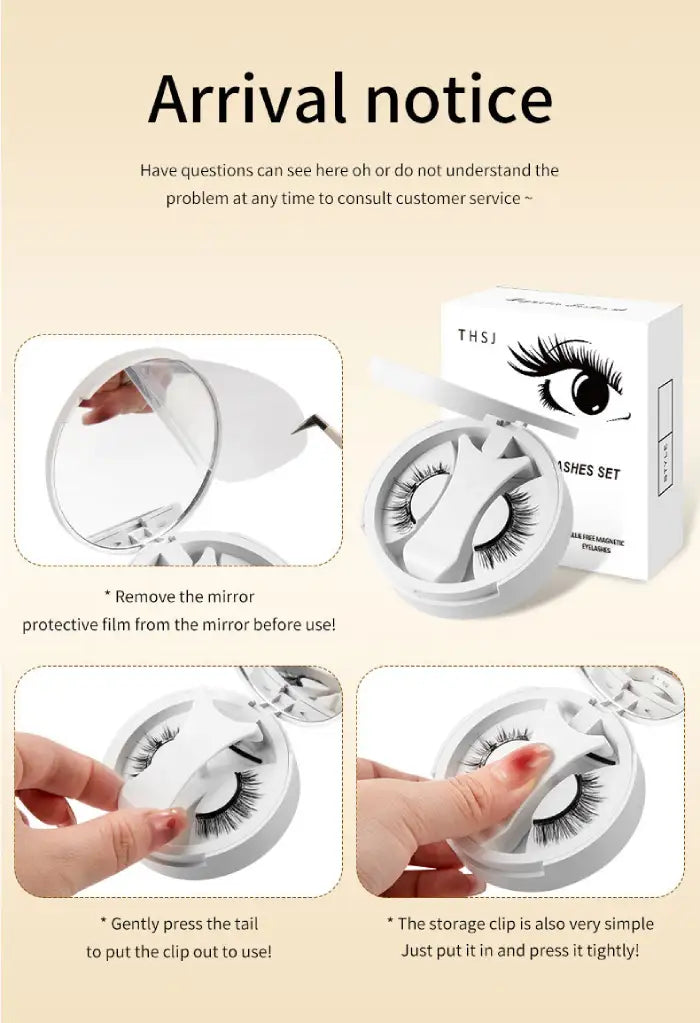 Magnetic eyelashes arrival guide showing how to remove film, insert clip, and store lashes securely.