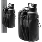 Magnetic gym water bottle bag mounted on metal bar showing front and side views.