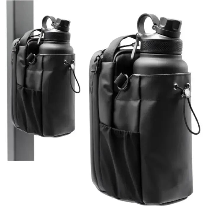 Magnetic gym water bottle bag mounted on metal bar showing front and side views.