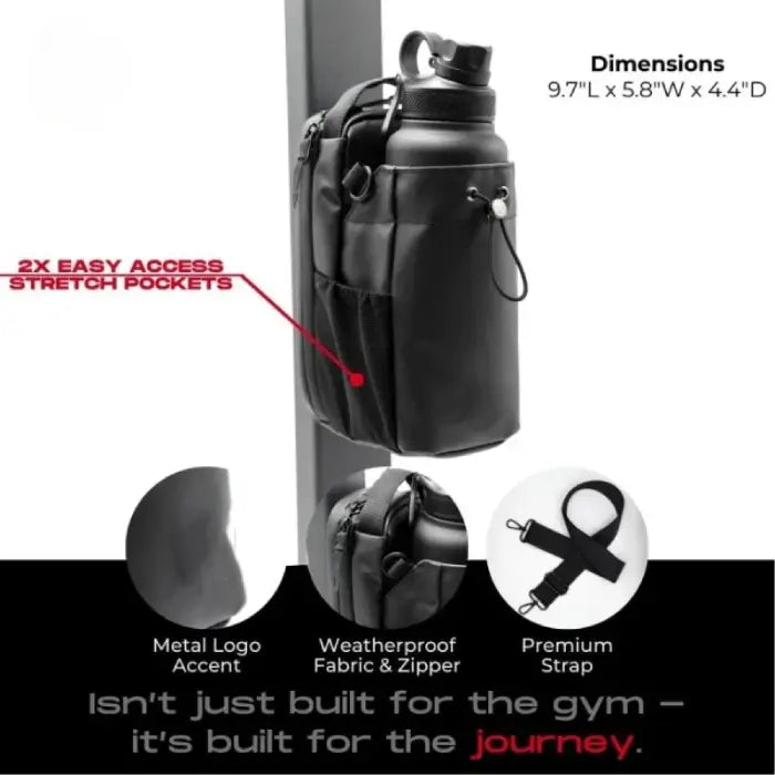 Magnetic gym water bottle bag with stretch pockets and weatherproof fabric.