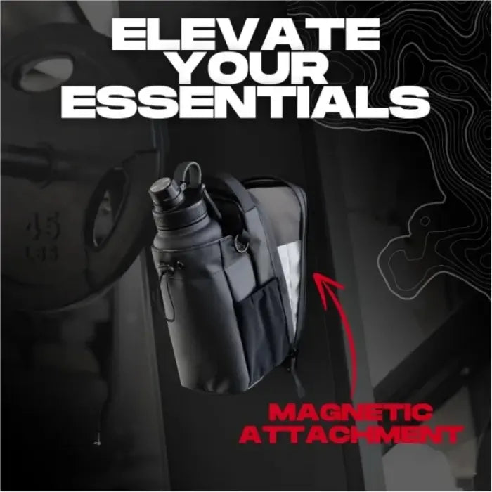 Magnetic gym water bottle bag lifted on metal surface for elevated storage.