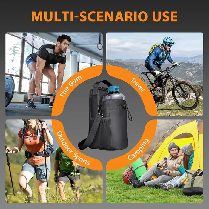 Magnetic gym water bottle bag shown for gym, travel, outdoor sports, and camping.