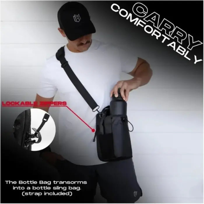 Magnetic gym water bottle bag worn as a sling with lockable zippers.