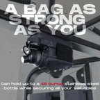 Magnetic gym water bottle bag holding a large bottle securely on gym equipment.