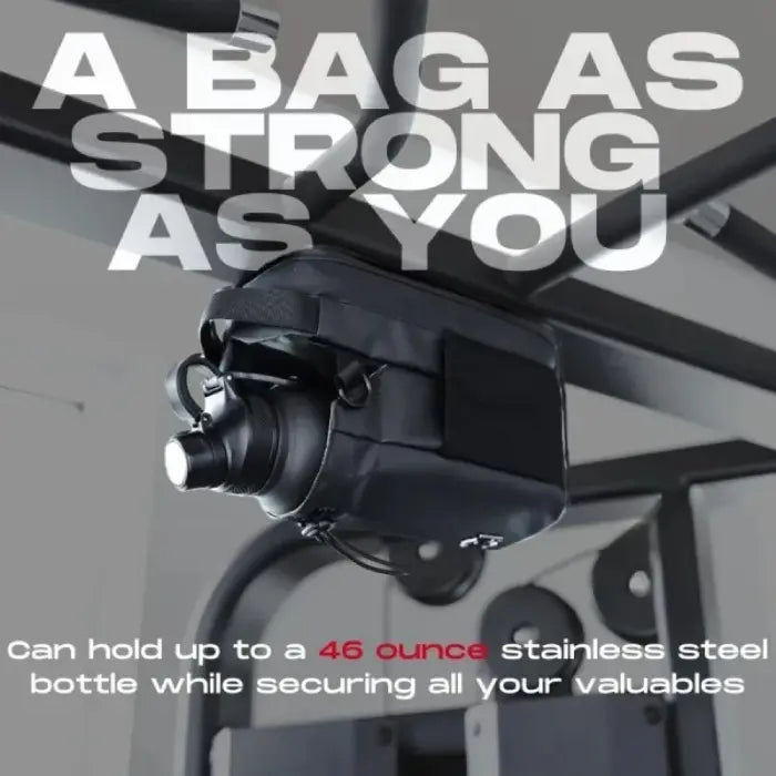 Magnetic gym water bottle bag holding a large bottle securely on gym equipment.
