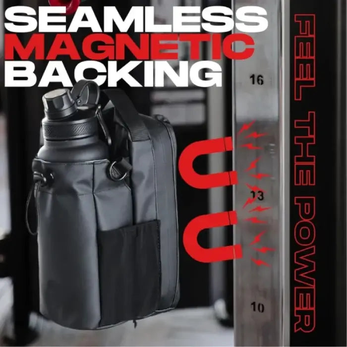 Magnetic gym water bottle bag attached securely to metal surface with strong magnetic backing.