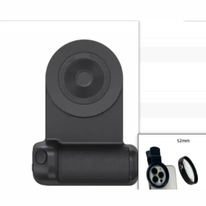 Multifunctional phone grip/stand with magnetic camera handle front view showing 52mm lens setup