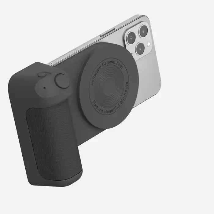  Multifunctional phone grip/stand with magnetic camera handle mounted on smartphone in black color