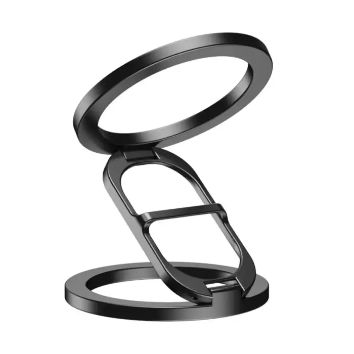 Magnetic phone holder with foldable ring stand design in black color shown on white background.