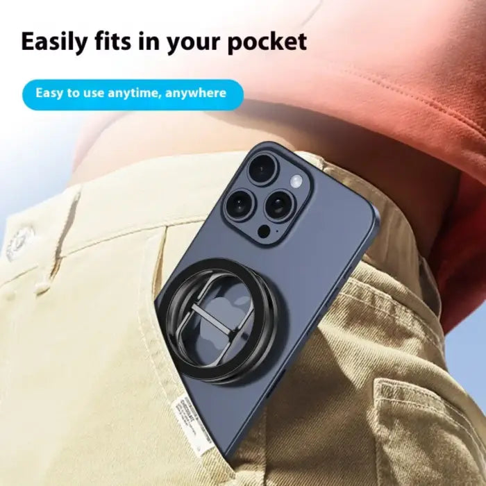 Magnetic phone holder slimly attached to phone, easily fitting into front pants pocket for portability.