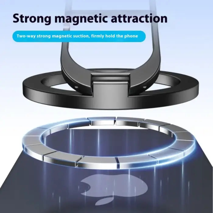 Magnetic phone holder with strong ring grip and dual magnetic suction for stable phone attachment.