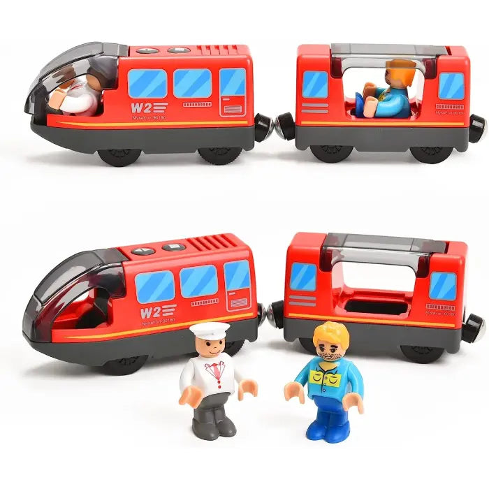 Red toy train set with detachable cars, two included figures (a conductor and a passenger), and an open design for easy play.