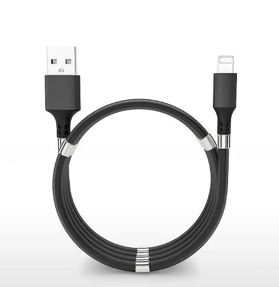 magnetic self coiling usb c charging cable tightly coiled on desk with magnetic segments keeping shape for efficient charging