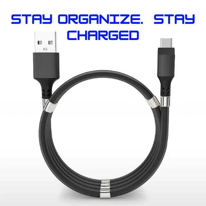 magnetic self coiling usb c charging cable in black with organized coil layout and slogan promoting neat workspace and quick charging