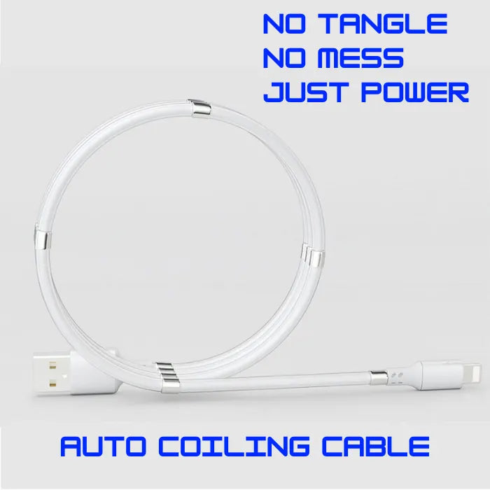 magnetic self coiling usb c charging cable shown in white loop design with slogan highlighting tangle free fast charging benefits