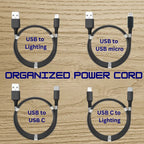 magnetic self coiling usb c charging cable set showing multiple connector types arranged neatly with organized power cord slogan