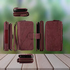 Wallet iPhone case in burgundy shown from multiple angles displaying magnetic attachment system and wristlet strap design