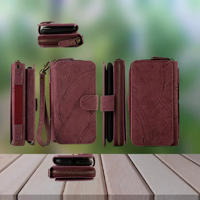 Wallet iPhone case in burgundy shown from multiple angles displaying magnetic attachment system and wristlet strap design