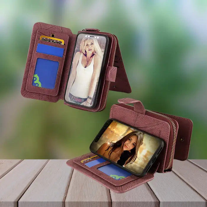 Magnetic wallet phone case featuring burgundy leather design, multiple card slots and secure phone display stand function
