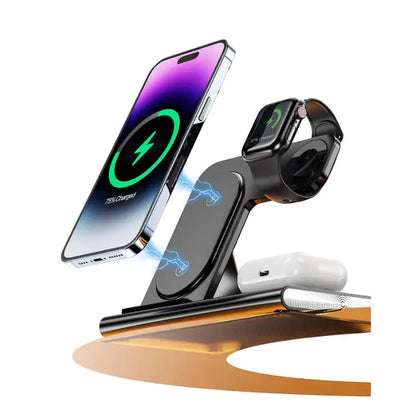 Modern wireless charging stand showing phone with purple charging animation and smartwatch mount with green charging indicator