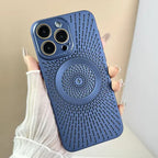 Magnetic wireless phone case in deep blue finish shown upright in hand with full rear texture visible.