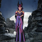 Maleficent costume complete set in moonlit ruins, arms crossed, purple gown and horned crown featured.