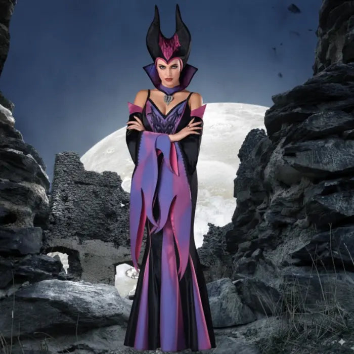 Maleficent costume complete set in moonlit ruins, arms crossed, purple gown and horned crown featured.