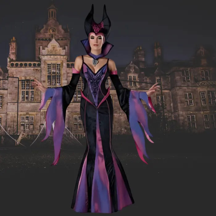 Maleficent costume complete set displayed in front of spooky mansion with gothic aesthetic.
