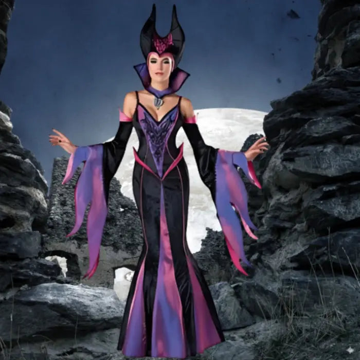 Maleficent costume complete set shown in moonlit ruins with flowing purple-black gown and headpiece.