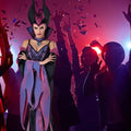 Maleficent costume complete set worn at a party with confetti and crowd in dramatic lighting.