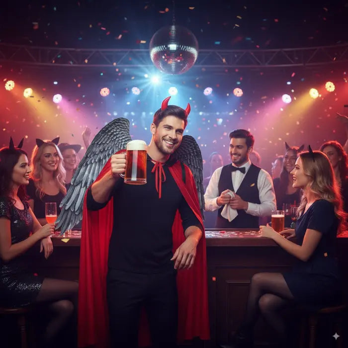 Person in angel costume holding a beer in a lively nightclub setting with disco ball and colorful lights.
