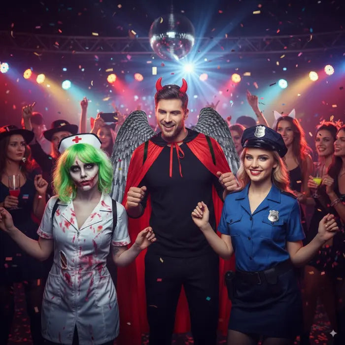 People in Halloween costumes posing in a festive setting with disco ball and colorful lights.