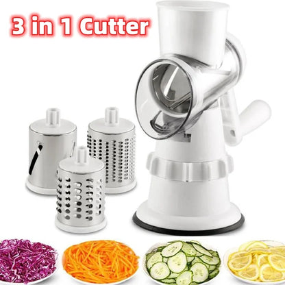 White manual 3-in-1 vegetable cutter with multiple blades shown with shredded vegetables.