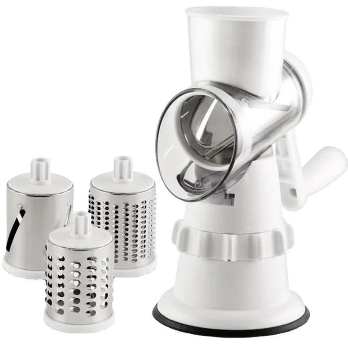 Manual vegetable cutter with interchangeable stainless steel blades on a white background.