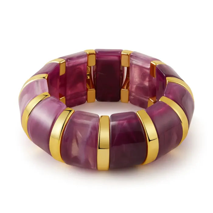 marbled acrylic bracelet in deep purple shade with gold accents showcased on clean white background