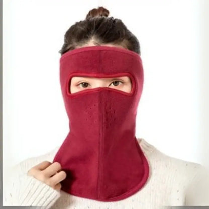 Maroon fleece face mask with a long neck design, providing maximum warmth and winter comfort.