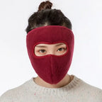 Maroon short fleece face mask for women, offering stylish and breathable winter protection.