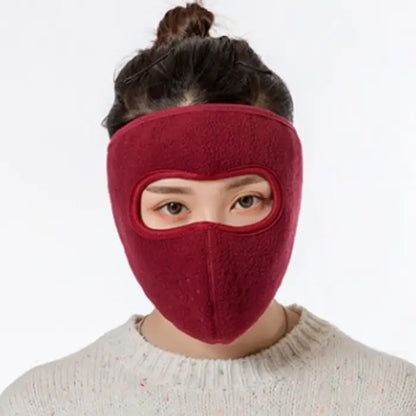 Maroon short fleece face mask for women, offering stylish and breathable winter protection.