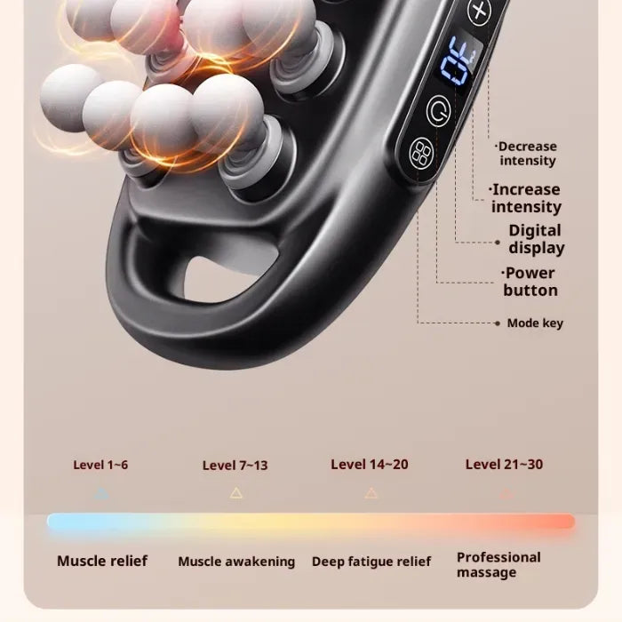 Massage Gun close-up with glowing massage heads and digital controls showing 30 intensity levels for muscle relief and awakening
