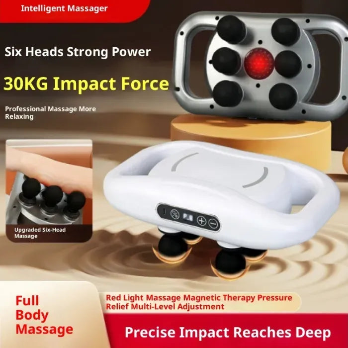 Massage Gun six-head device with strong impact force and red-light therapy designed for full-body deep pressure and muscle relaxation
