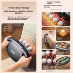 Massage Gun evolution chart highlighting the new 16-head PROMAX version with higher thrust, red-light heat, and wide-area massage