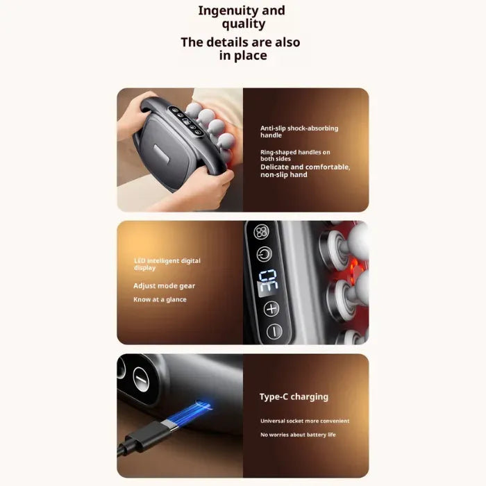 Massage Gun demonstrating multi-area full-body use with 16 rotating heads for thigh, calf, waist, and foot deep tissue therapy
