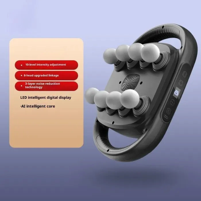 Massage Gun device with 16-head deep tissue system and LED controls, shown in upgraded design for powerful back relief use