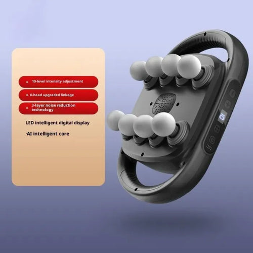 Massage Gun device with 16-head deep tissue system and LED controls, shown in upgraded design for powerful back relief use