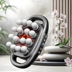 Massage Gun in a spa setting with warm red light and 16 rotating heads designed for calming deep relaxation benefits