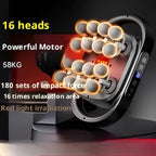 Massage Gun with glowing 16 massage heads and high-power motor shown emitting warm force for intense deep muscle relaxation